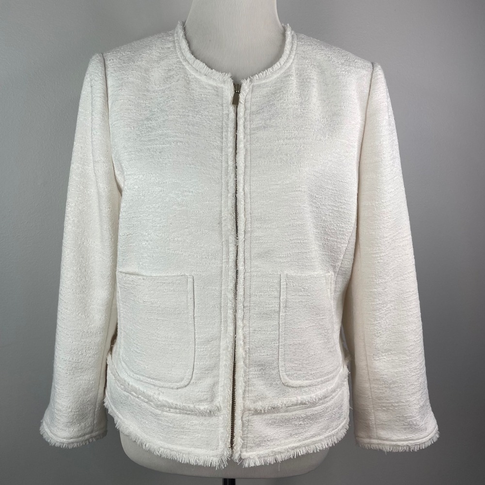 Ann Taylor White Tweed‎ Fringe Zip Front Jacket Blazer Size 14 404380